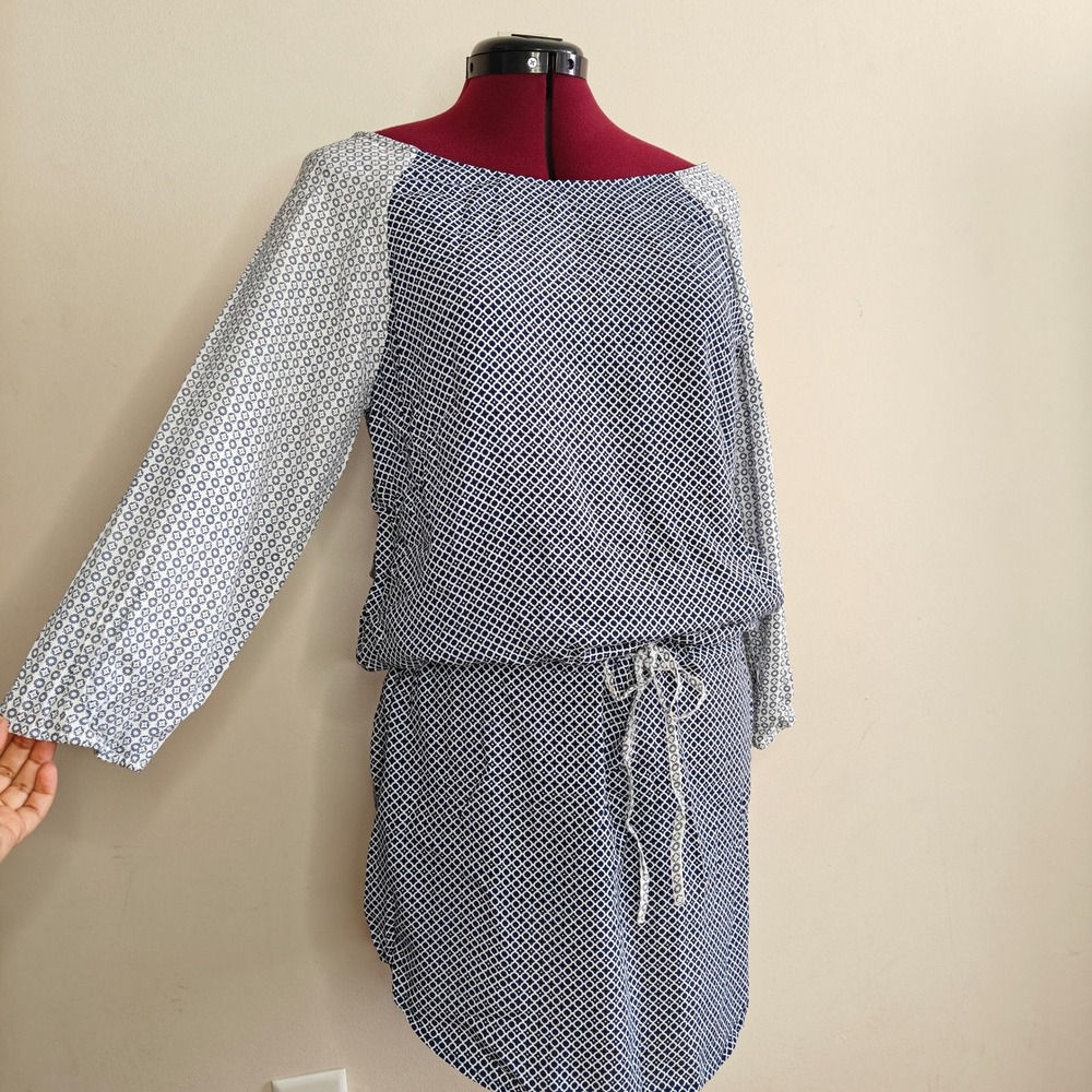 Soft Joie Women's Dress long sleeve Blue White Floral Geometric Print Drawstring